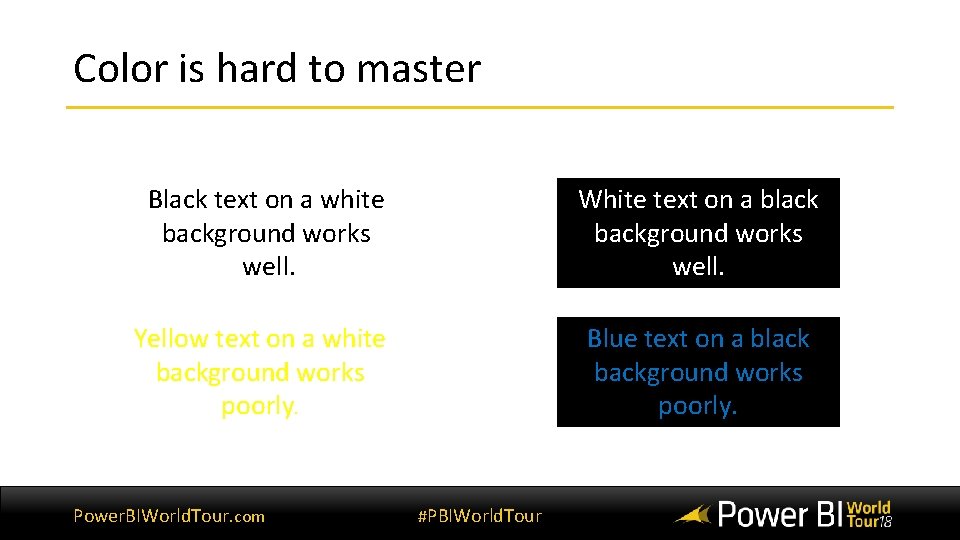 Color is hard to master Black text on a white background works well. White Color is hard to master Black text on a white background works well. White
