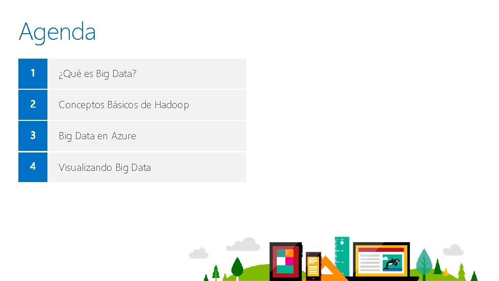 Agenda ¿Qué es Big Data? Conceptos Básicos de Hadoop Big Data en Azure Visualizando