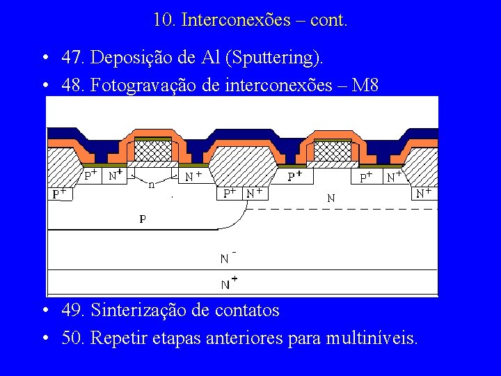 10. Interconexões – cont. • 47. Deposição de Al (Sputtering). • 48. Fotogravação de