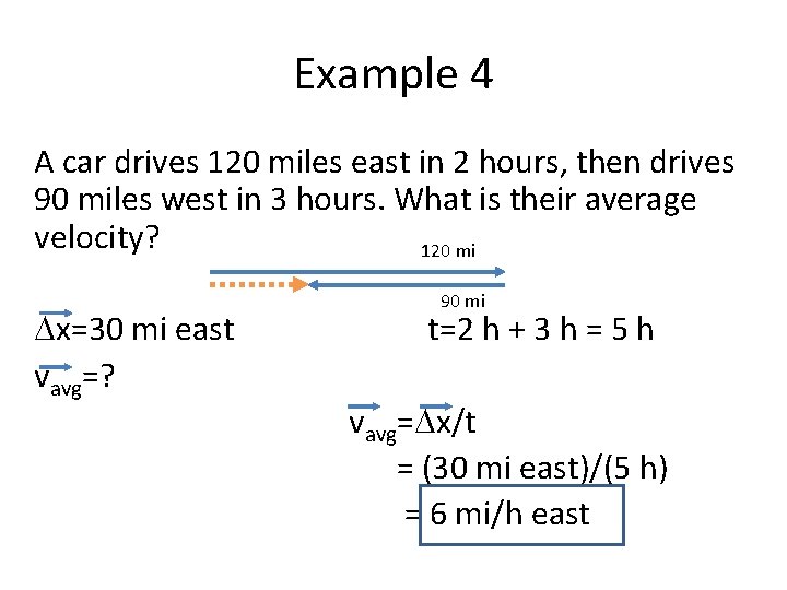Example 4 A car drives 120 miles east in 2 hours, then drives 90