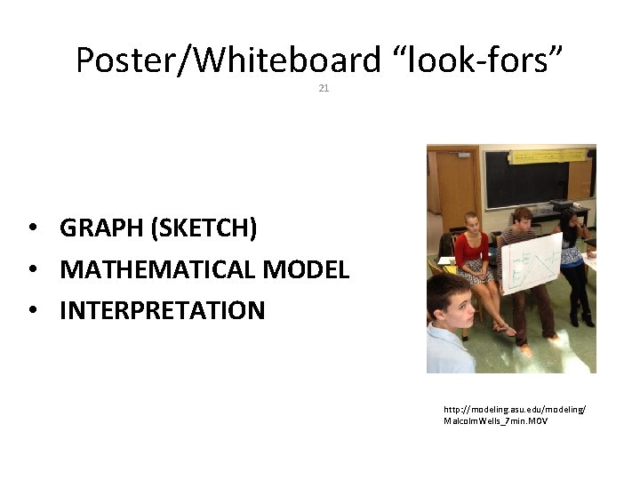 Poster/Whiteboard “look-fors” 21 • GRAPH (SKETCH) • MATHEMATICAL MODEL • INTERPRETATION http: //modeling. asu.