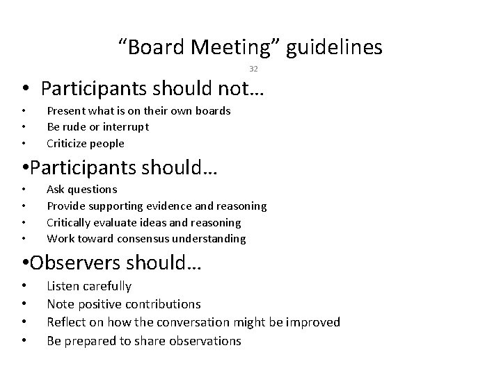 “Board Meeting” guidelines 32 • Participants should not… • • • Present what is