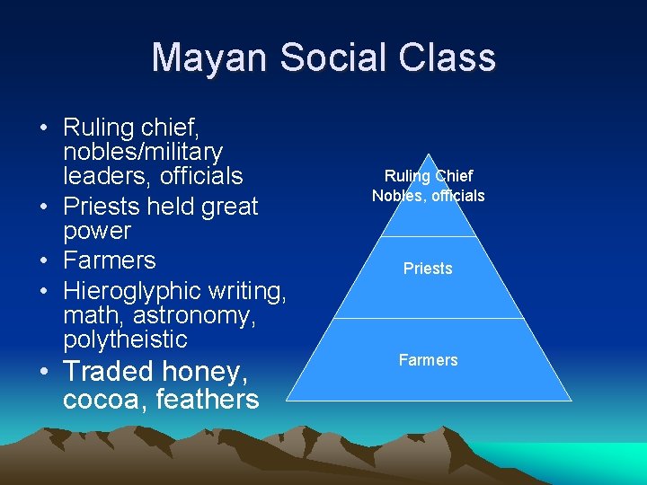 Mayan Social Class • Ruling chief, nobles/military leaders, officials • Priests held great power