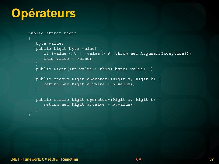 Opérateurs public struct Digit { byte value; public Digit(byte value) { if (value <