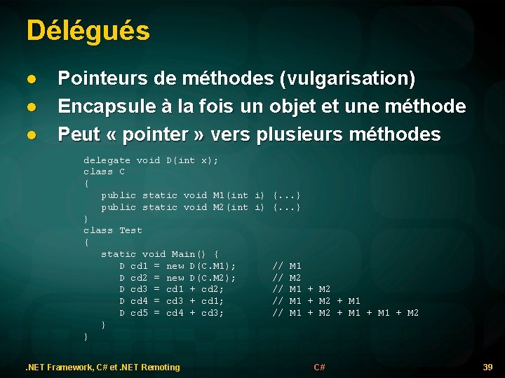 Délégués l l l Pointeurs de méthodes (vulgarisation) Encapsule à la fois un objet