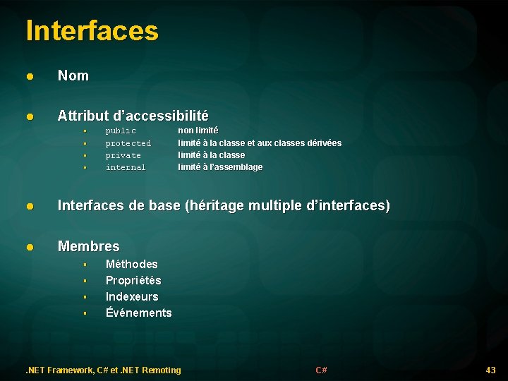 Interfaces l Nom l Attribut d’accessibilité § § public protected private internal non limité