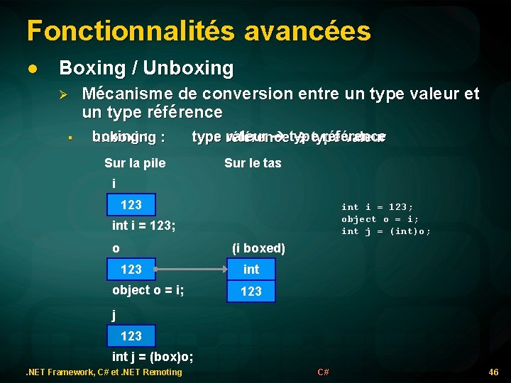 Fonctionnalités avancées l Boxing / Unboxing § Mécanisme de conversion entre un type valeur