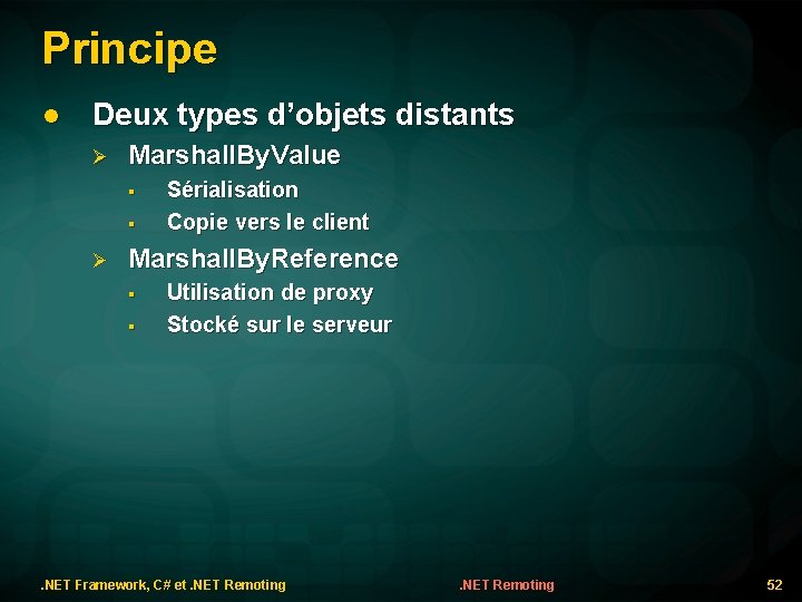 Principe l Deux types d’objets distants Marshall. By. Value § § Sérialisation Copie vers