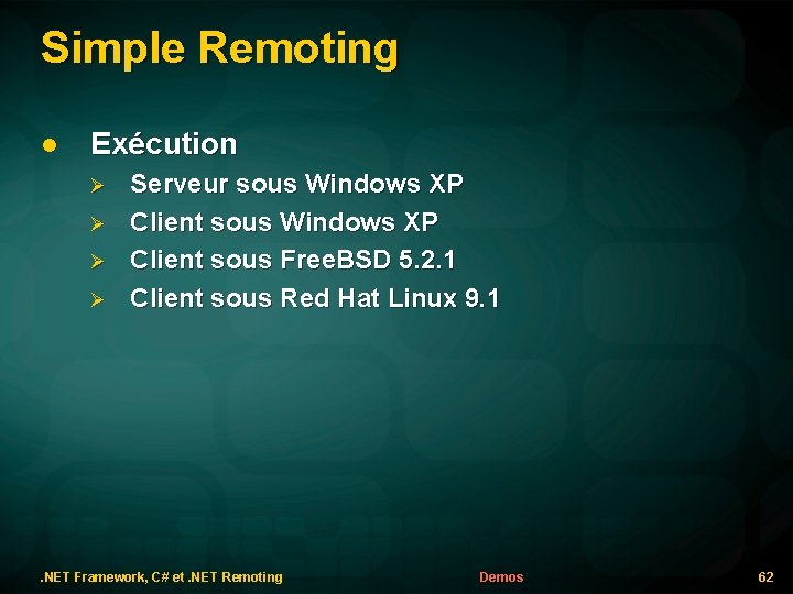 Simple Remoting l Exécution Serveur sous Windows XP Client sous Free. BSD 5. 2.