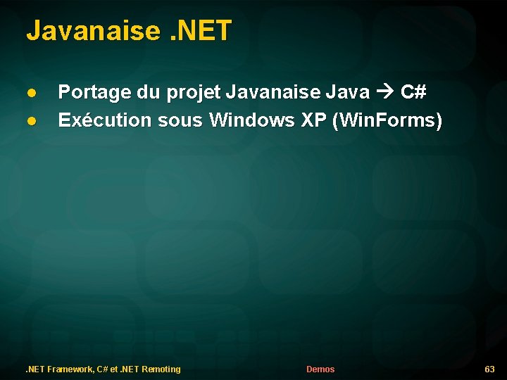 Javanaise. NET l l Portage du projet Javanaise Java C# Exécution sous Windows XP