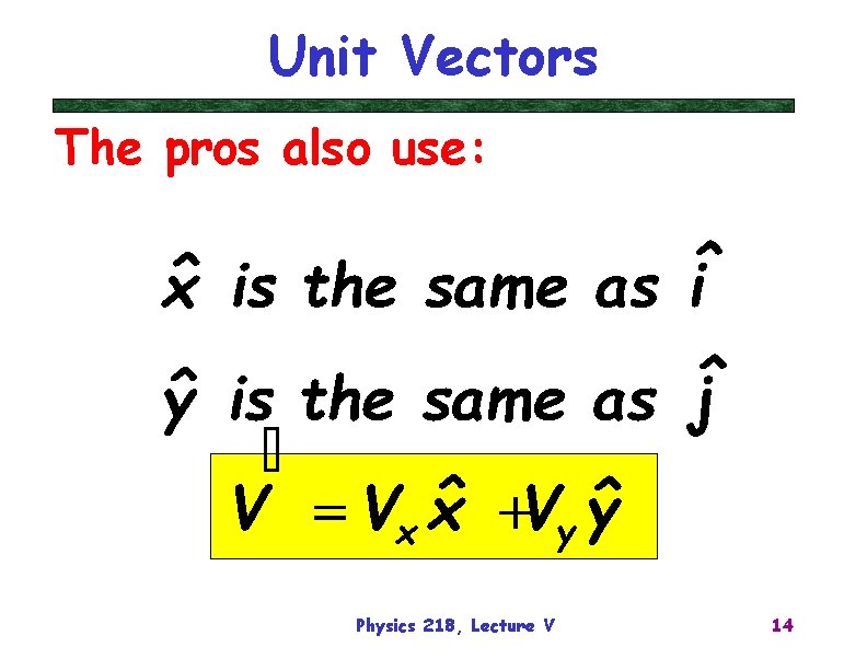 Unit Vectors The pros also use: Physics 218, Lecture V 14 