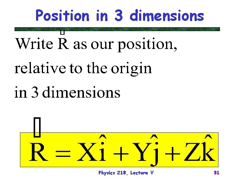 Position in 3 dimensions Physics 218, Lecture V 31 