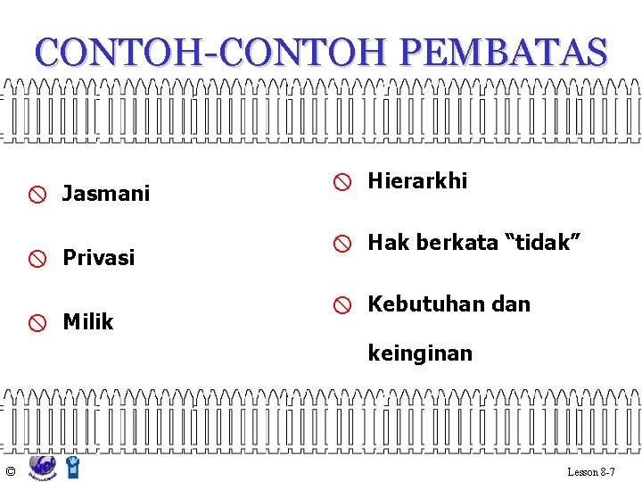 CONTOH-CONTOH PEMBATAS x Jasmani x Privasi x Milik x Hierarkhi x Hak berkata “tidak”