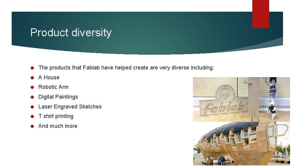 Product diversity The products that Fablab have helped create are very diverse including: A