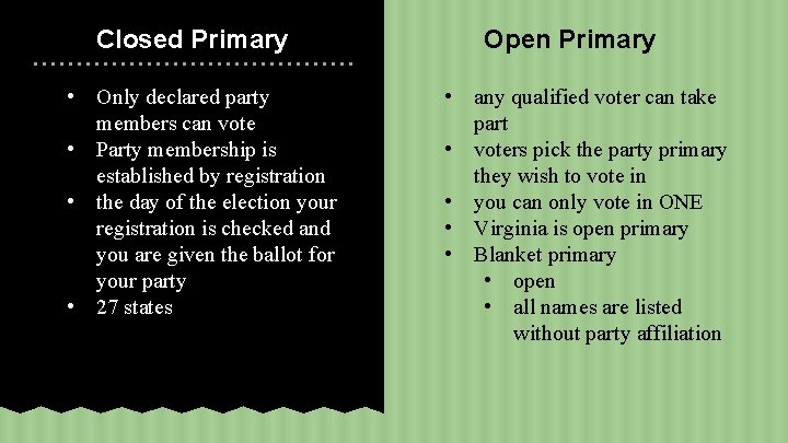 Closed Primary • Only declared party members can vote • Party membership is established