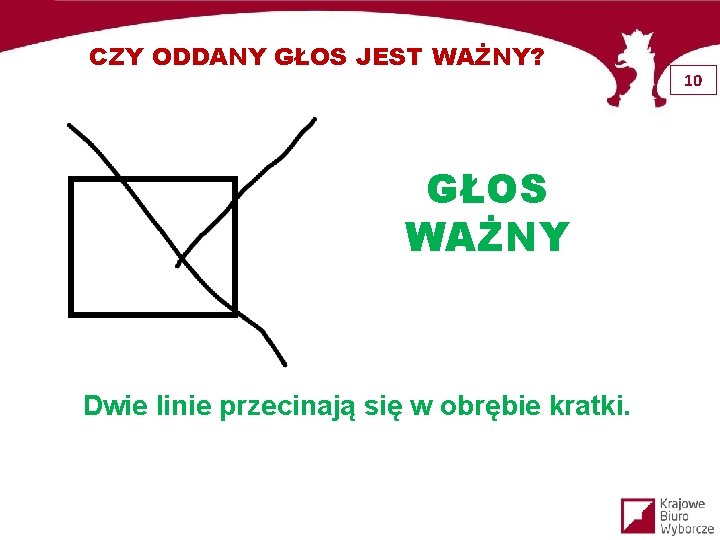 CZY ODDANY GŁOS JEST WAŻNY? GŁOS WAŻNY Dwie linie przecinają się w obrębie kratki.