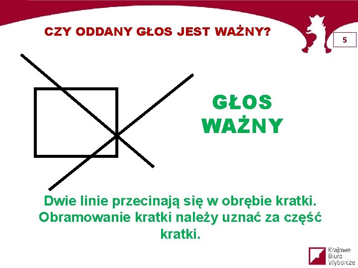 CZY ODDANY GŁOS JEST WAŻNY? GŁOS WAŻNY Dwie linie przecinają się w obrębie kratki.