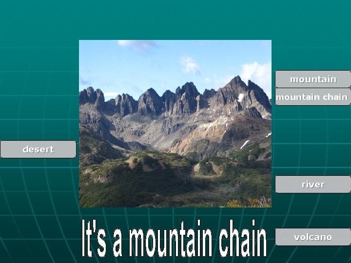 mountain chain desert river volcano 