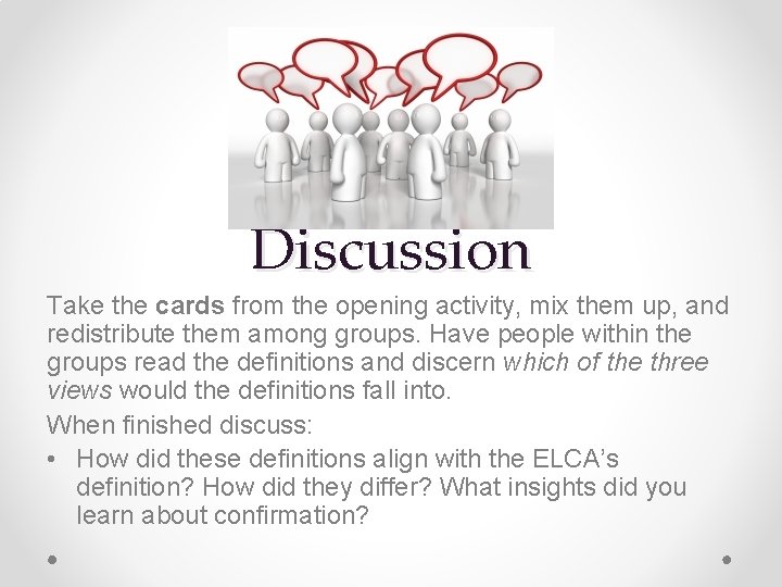 Discussion Take the cards from the opening activity, mix them up, and redistribute them