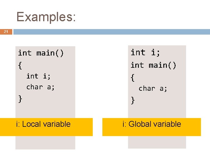 Examples: 21 int main() { int i; char a; } i: Local variable int