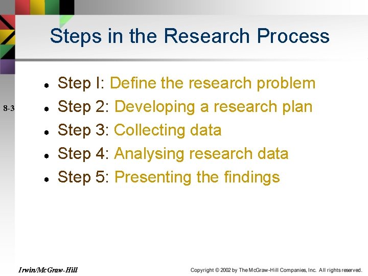 Steps in the Research Process ● 8 -3 ● ● Step I: Define the
