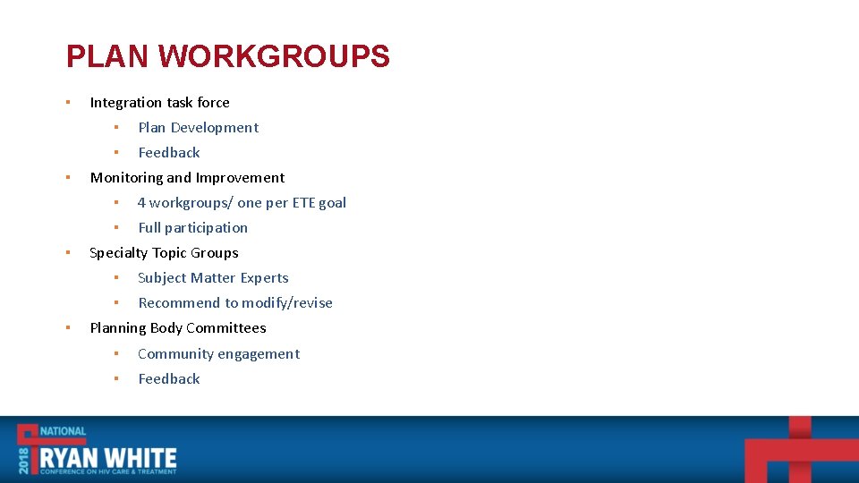 PLAN WORKGROUPS ▪ ▪ Integration task force ▪ Plan Development ▪ Feedback Monitoring and