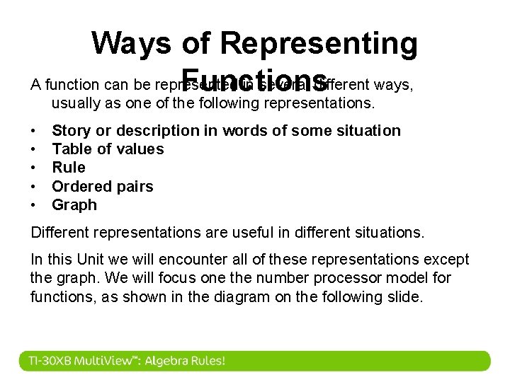 Ways of Representing A function can be represented in several different ways, Functions usually