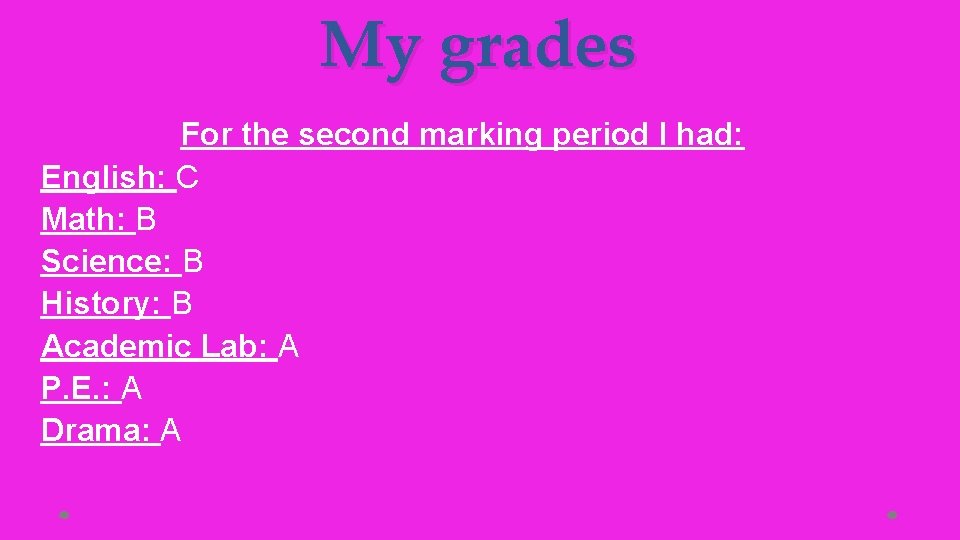 My grades For the second marking period I had: English: C Math: B Science: