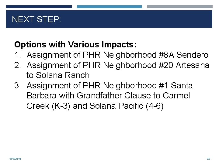 NEXT STEP: Options with Various Impacts: 1. Assignment of PHR Neighborhood #8 A Sendero
