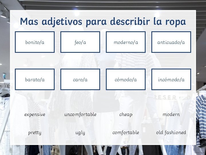 Mas adjetivos para describir la ropa bonito/a feo/a moderno/a anticuado/a barato/a caro/a cómodo/a incómodo/a
