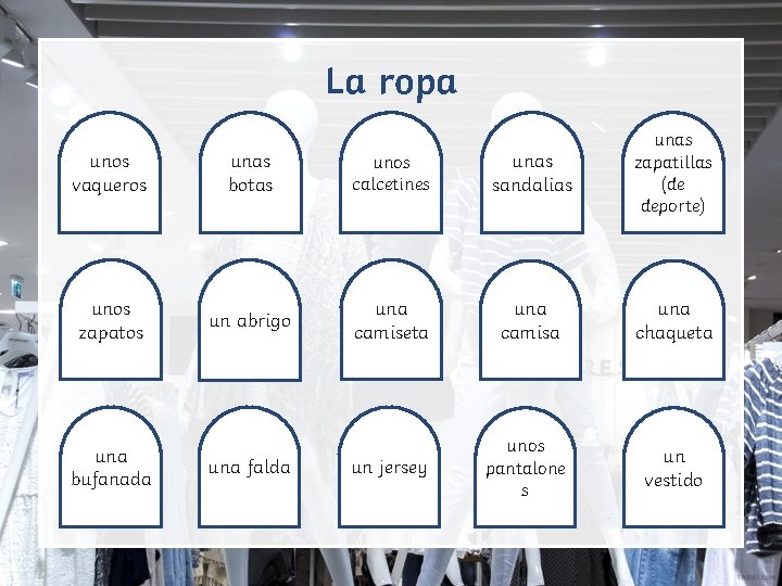 La ropa unos vaqueros unas botas unos calcetines unas sandalias unas zapatillas (de deporte)