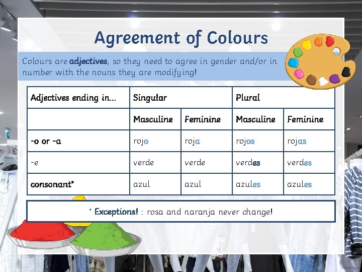 Agreement of Colours are adjectives, so they need to agree in gender and/or in