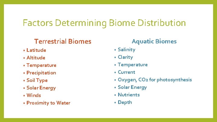 Factors Determining Biome Distribution Terrestrial Biomes Latitude • Altitude • Temperature • Precipitation •