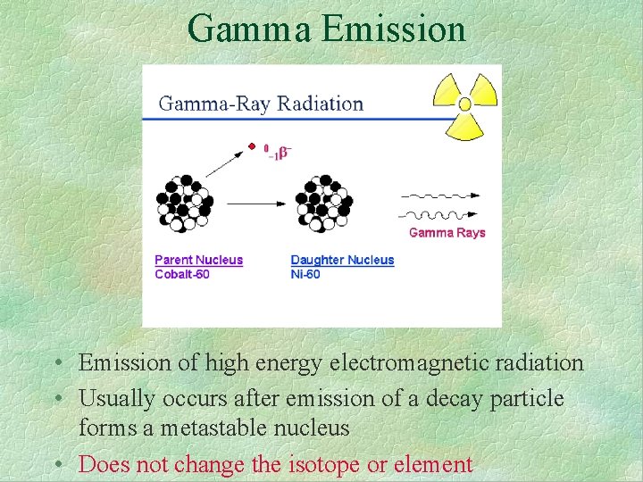 Gamma Emission • Emission of high energy electromagnetic radiation • Usually occurs after emission
