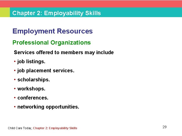Chapter 2: Employability Skills Employment Resources Professional Organizations Services offered to members may include