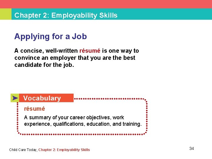 Chapter 2: Employability Skills Applying for a Job A concise, well-written résumé is one