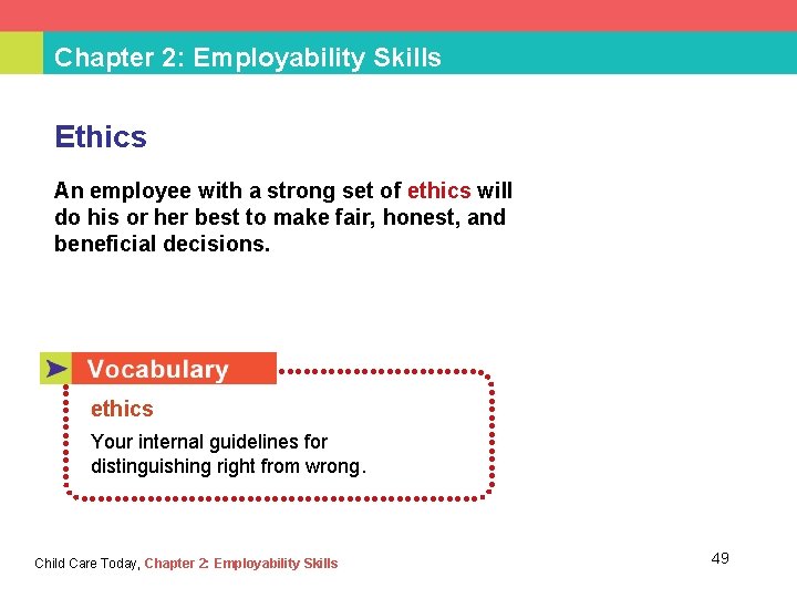 Chapter 2: Employability Skills Ethics An employee with a strong set of ethics will