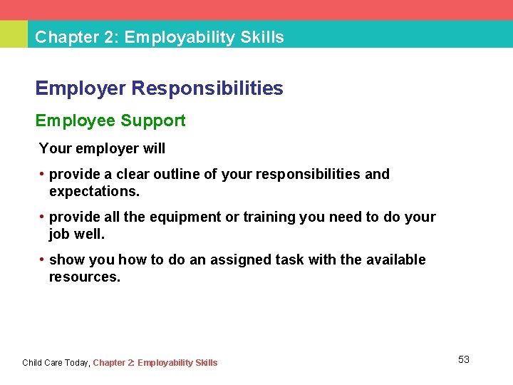 Chapter 2: Employability Skills Employer Responsibilities Employee Support Your employer will • provide a