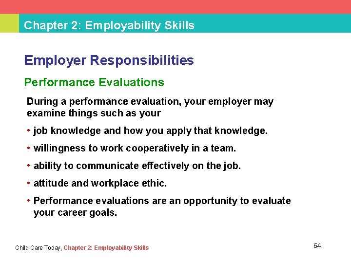 Chapter 2: Employability Skills Employer Responsibilities Performance Evaluations During a performance evaluation, your employer