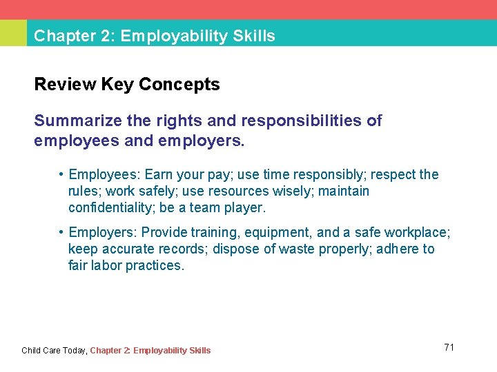 Chapter 2: Employability Skills Review Key Concepts Summarize the rights and responsibilities of employees