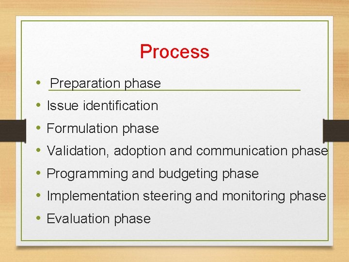 Process • • Preparation phase Issue identification Formulation phase Validation, adoption and communication phase