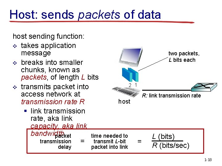 Host: sends packets of data host sending function: v takes application two packets, message