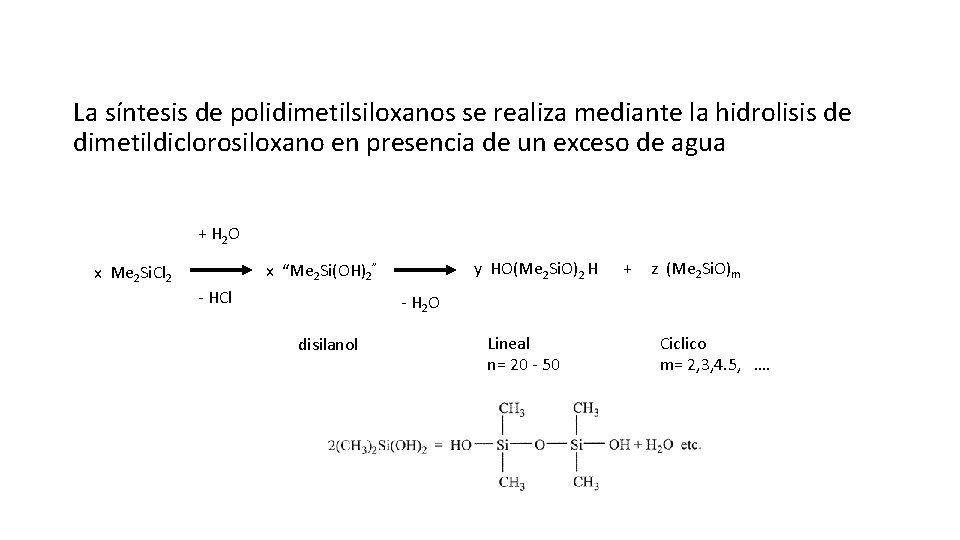 La síntesis de polidimetilsiloxanos se realiza mediante la hidrolisis de dimetildiclorosiloxano en presencia de