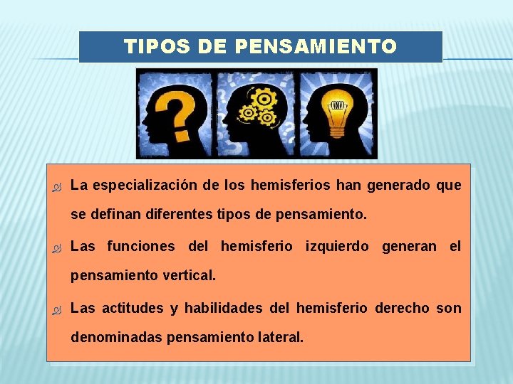 TIPOS DE PENSAMIENTO La especialización de los hemisferios han generado que se definan diferentes