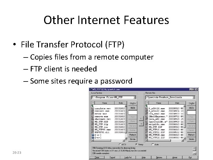 Other Internet Features • File Transfer Protocol (FTP) – Copies files from a remote