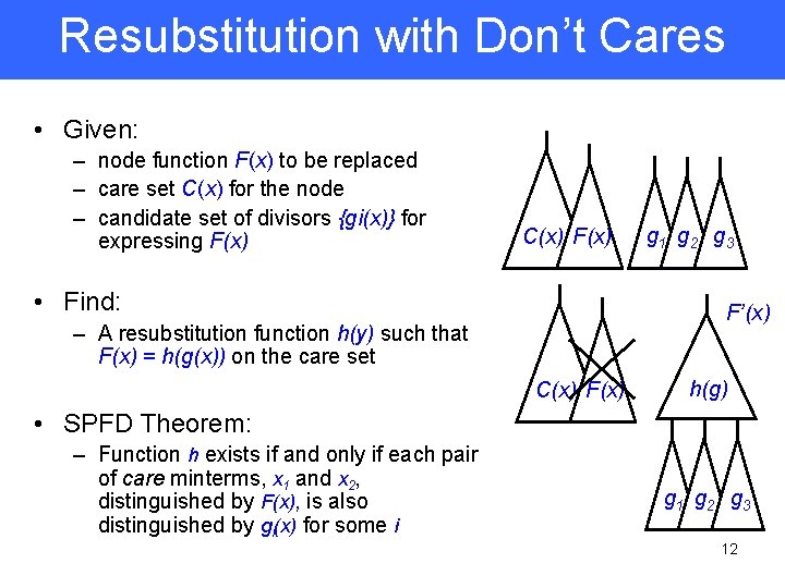 Resubstitution with Don’t Cares • Given: – node function F(x) to be replaced –