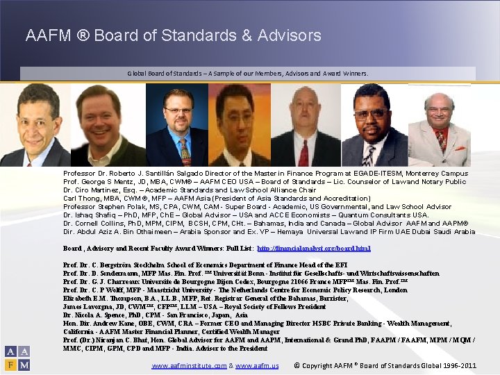 AAFM ® Board of Standards & Advisors Global Board of Standards – A Sample