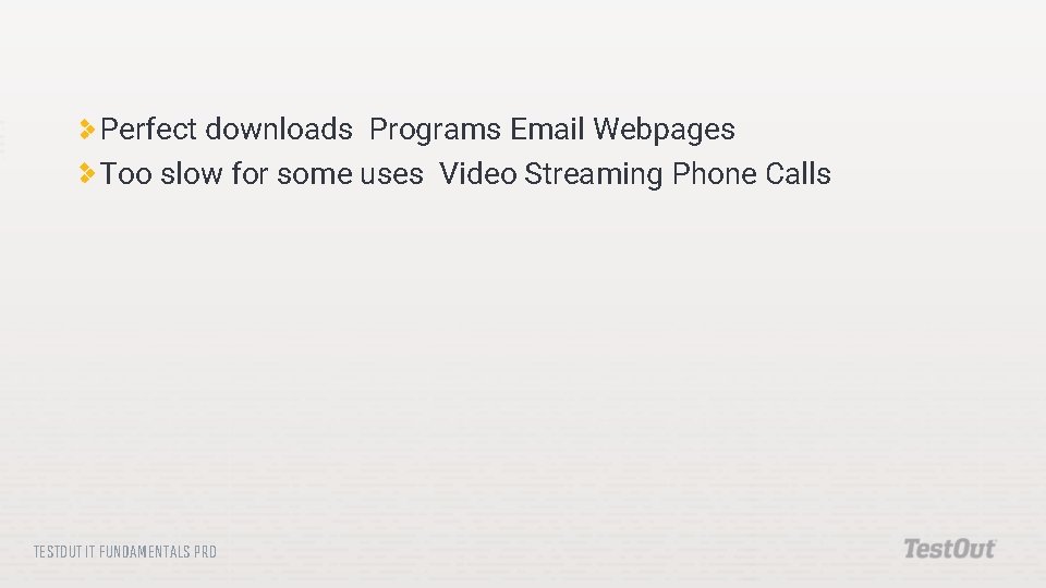 Perfect downloads Programs Email Webpages Too slow for some uses Video Streaming Phone Calls