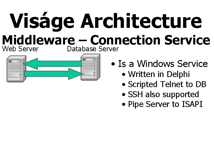 Viságe Architecture Middleware – Connection Service Web Server Database Server • Is a Windows