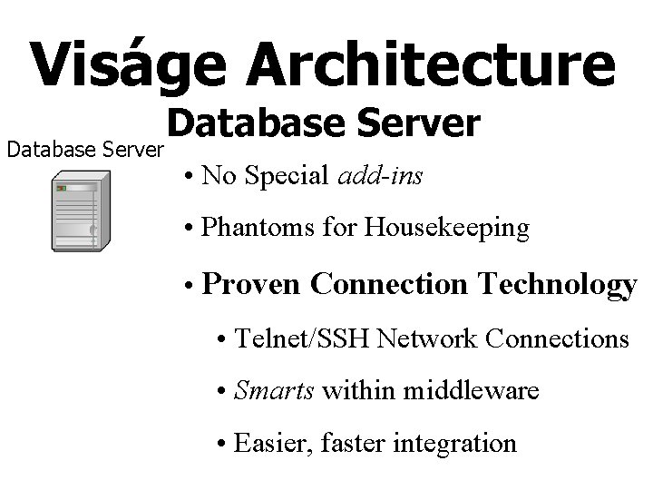 Viságe Architecture Database Server • No Special add-ins • Phantoms for Housekeeping • Proven